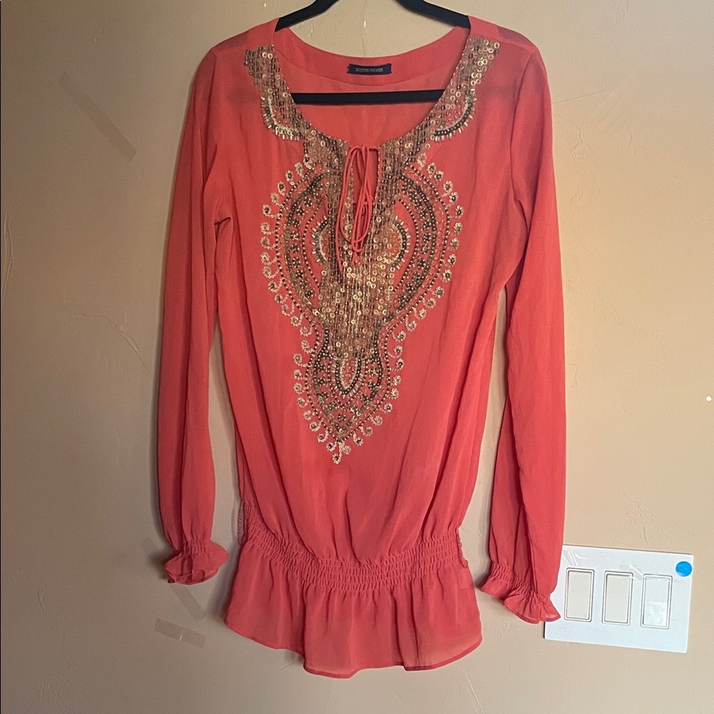 Boston Proper Coral Tunic with Gold Sequin Embellishment